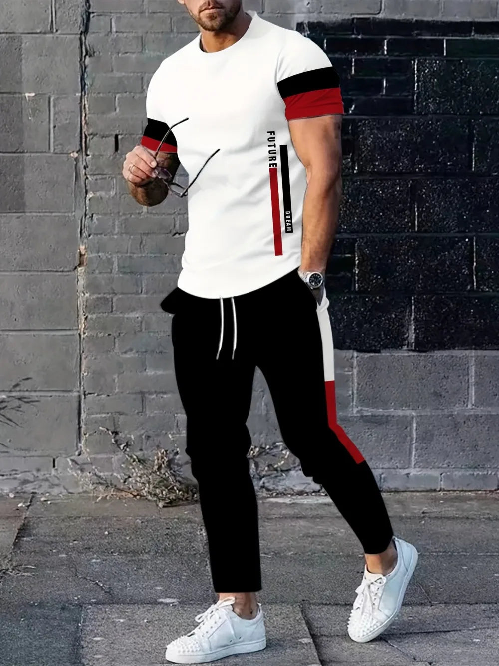 Men's Summer Striped Letter Print Breathable Round Neck T-Shirt and Shorts Set