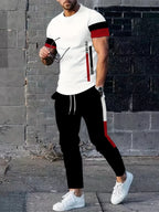 Men's Summer Striped Letter Print Breathable Round Neck T-Shirt and Shorts Set