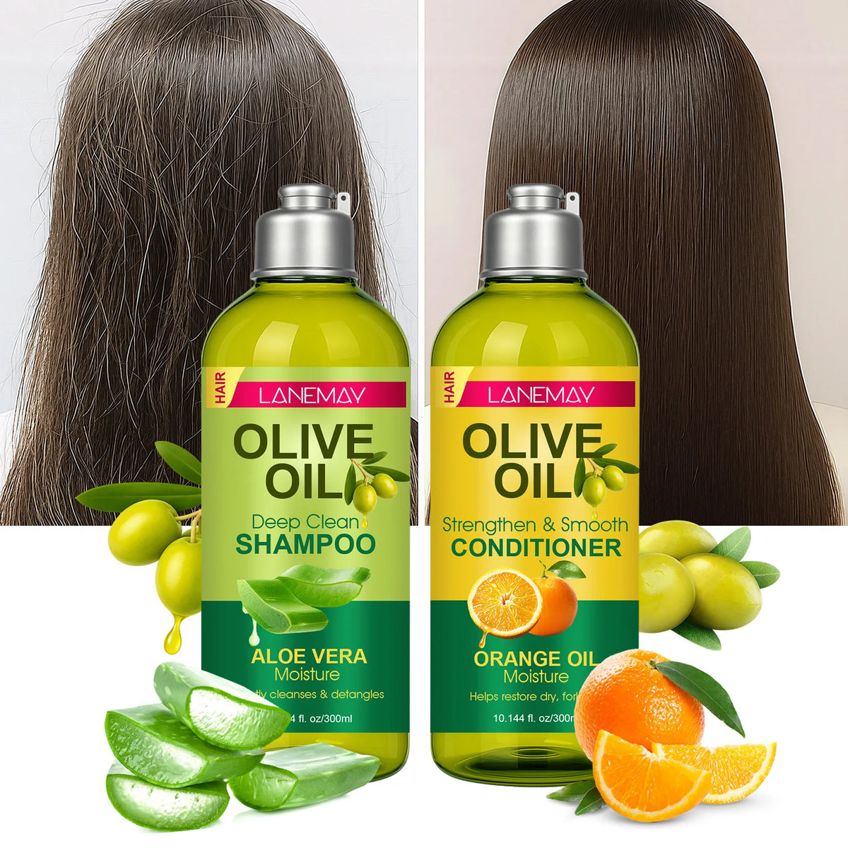 Olive Oil Shampoo and Conditioner Set Smooth Frizzy Hair 10.1 fl oz Each