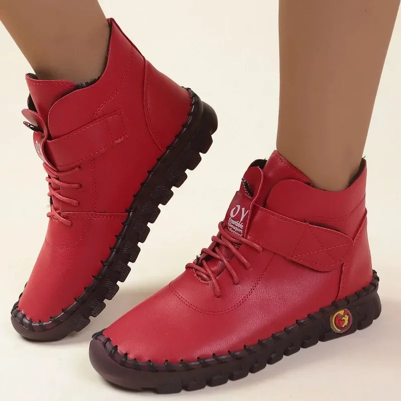 Women's Winter Flat Ankle Boots Short Plush Lining Round Toe Hook & Loop