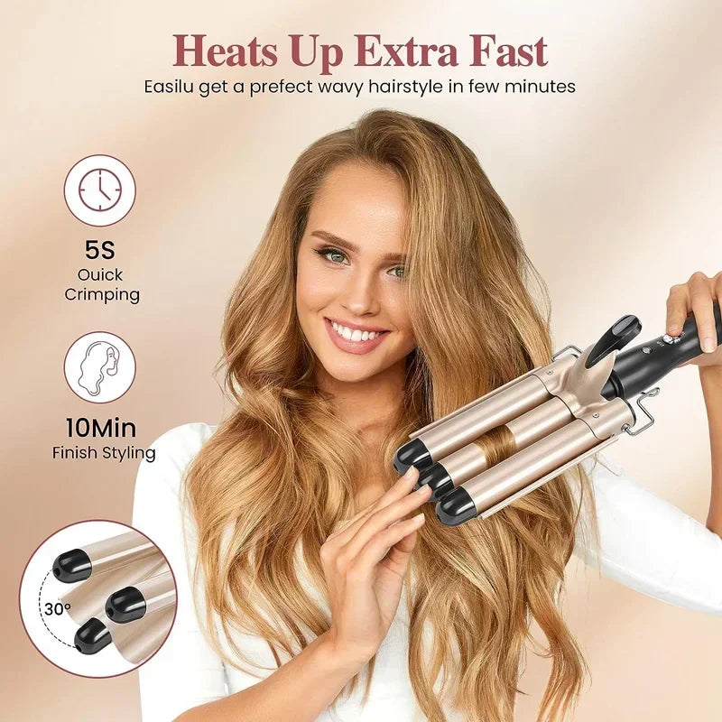 Triple Barrel Ceramic Hair Waver Curling Iron Temperature Control Styling Tool