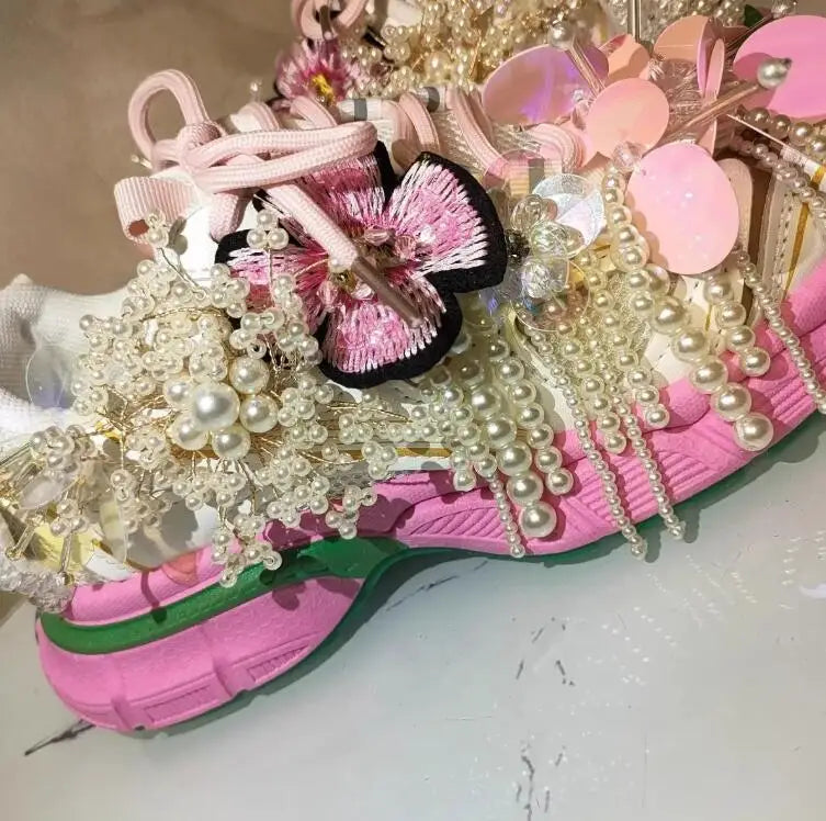 Women's Floral Pearl Beaded Tassel Daddy Sneakers C55-1