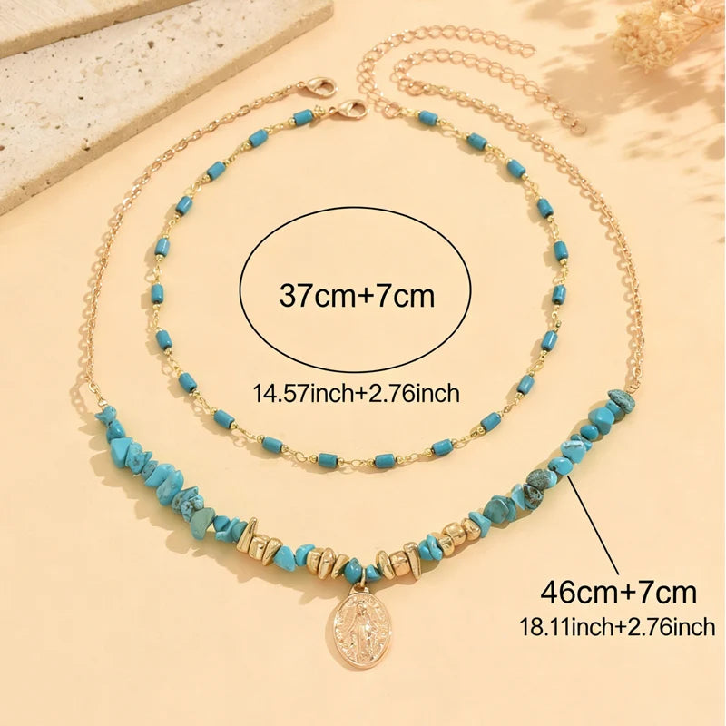 Women's Trendy Bohemian Blue Natural Stone Geometric Pendant Necklace