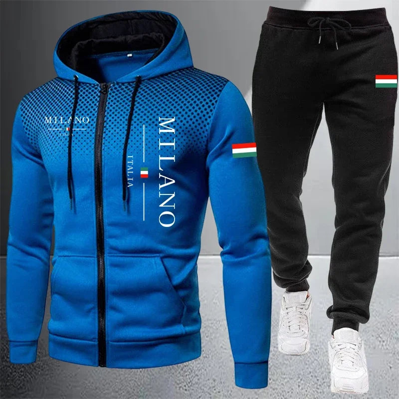 Men's Casual Zip Hooded Sweatshirt and Drawstring Pants Set