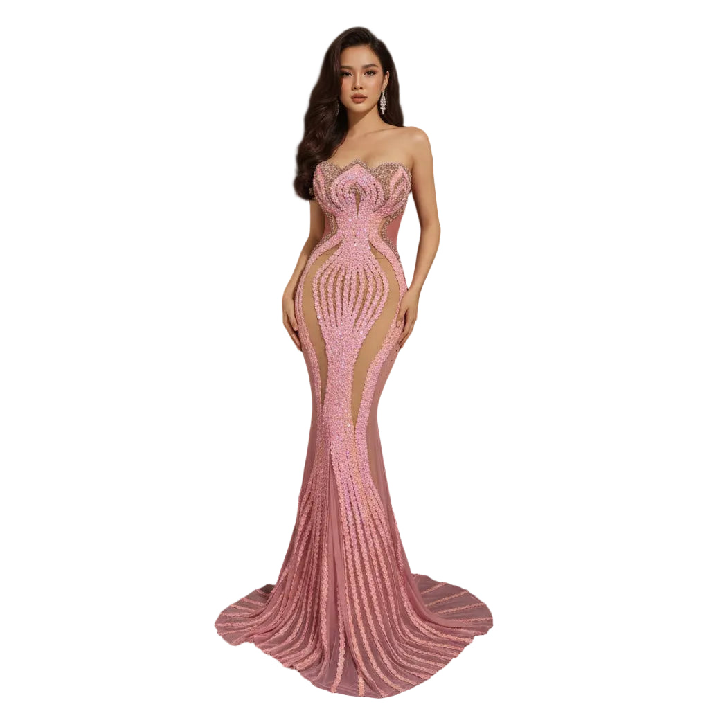 Women's Sexy Mesh Sequins Crystal Stage Performance Maxi Dress