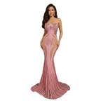 Women's Sexy Mesh Sequins Crystal Stage Performance Maxi Dress