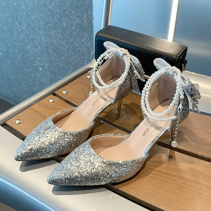 UETEEY Women's Elegant Sequin Bow Pointy Toe High Heels