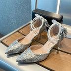 UETEEY Women's Elegant Sequin Bow Pointy Toe High Heels