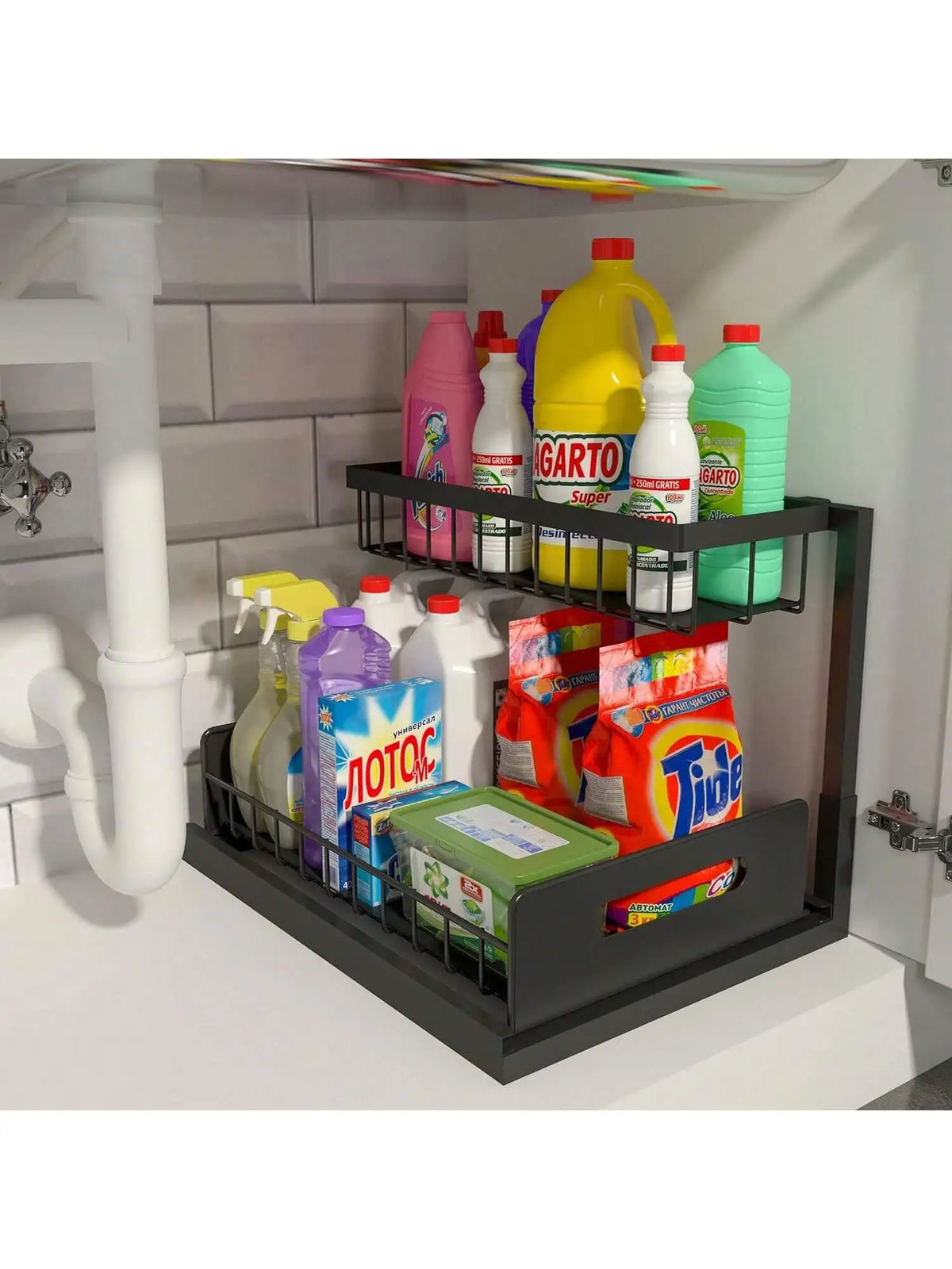 2-Tier Metal Slide Out Cabinet Organizer and Storage Basket