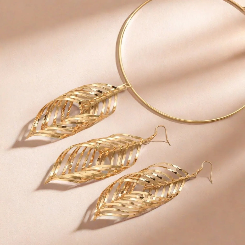 Women's Fashion Elegant Fringed Leaf Collar Necklace and Earrings Jewelry Set
