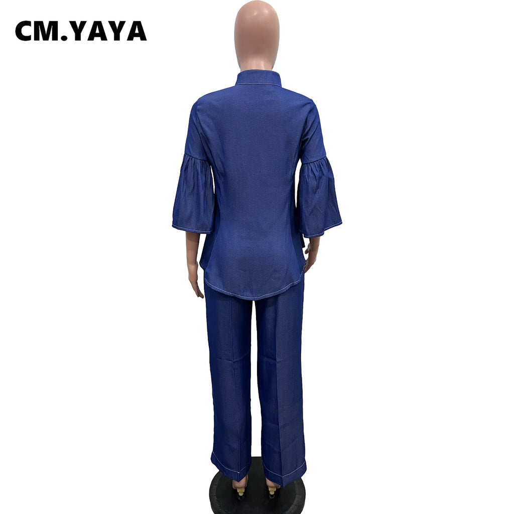 Women's Denim Style Flare Sleeve Top Wide Leg Pants Set