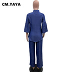 Women's Denim Style Flare Sleeve Top Wide Leg Pants Set