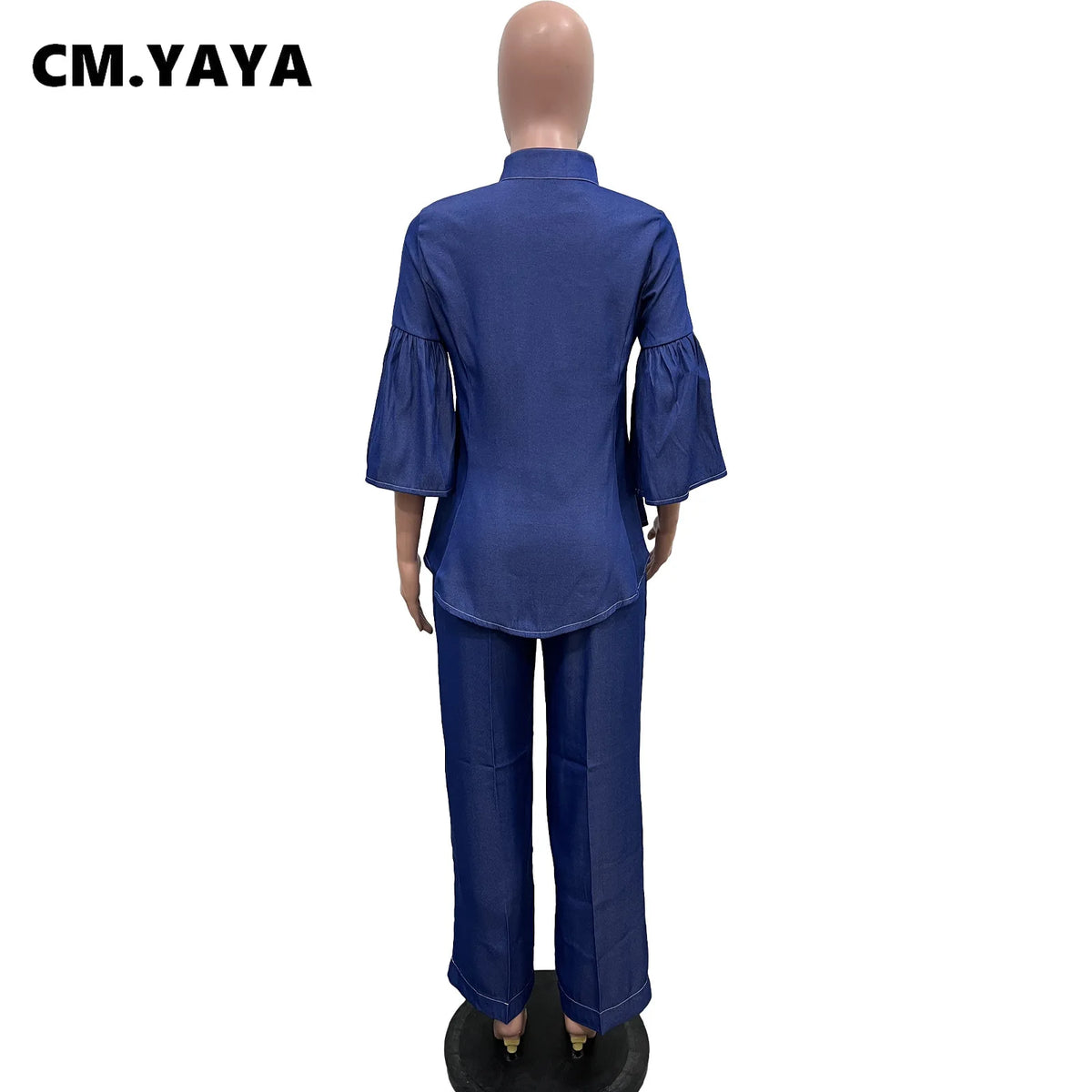 Women's Denim Style Flare Sleeve Top Wide Leg Pants Set