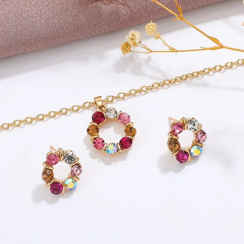 Women's Fashion Elegant Stained Glass Circle Necklace and Earrings Jewelry Set