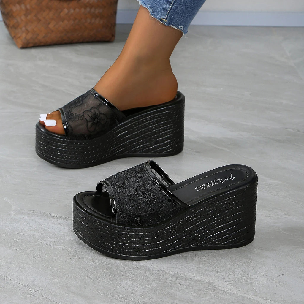 Women's Slip-On Wedge Platform Sandals with Floral Accents Black