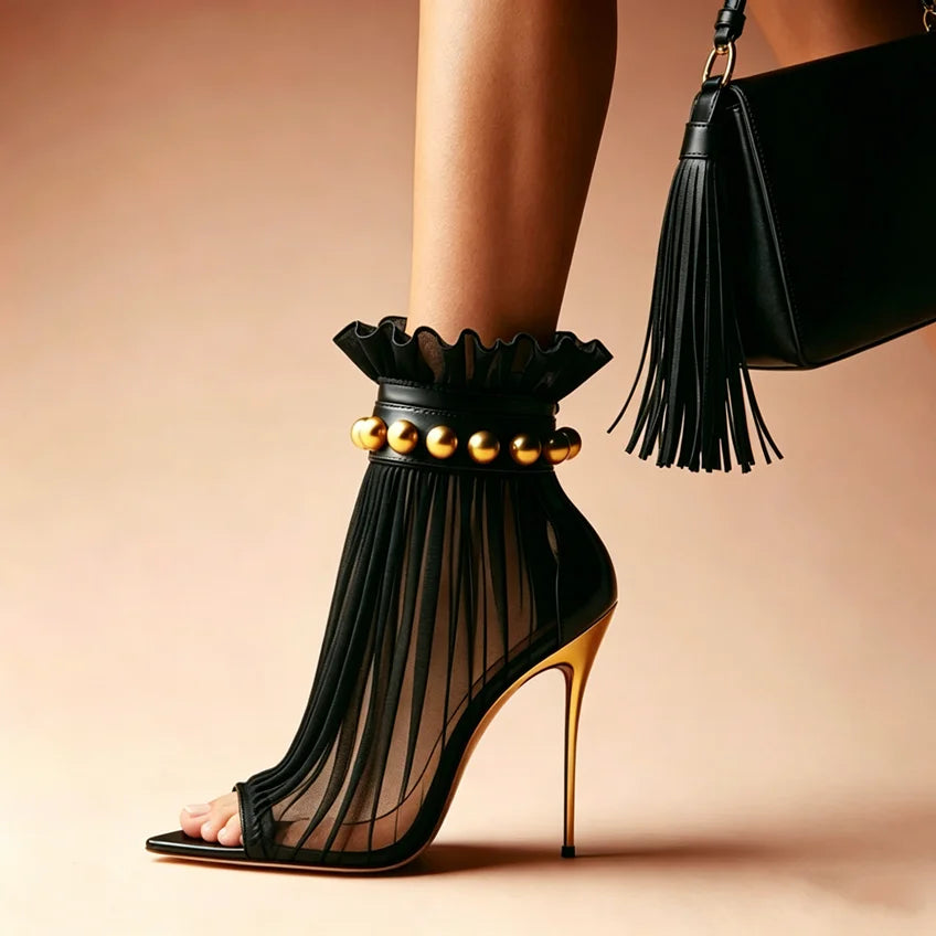 Women's Embroidery Mesh Studded Stiletto Ankle Boots