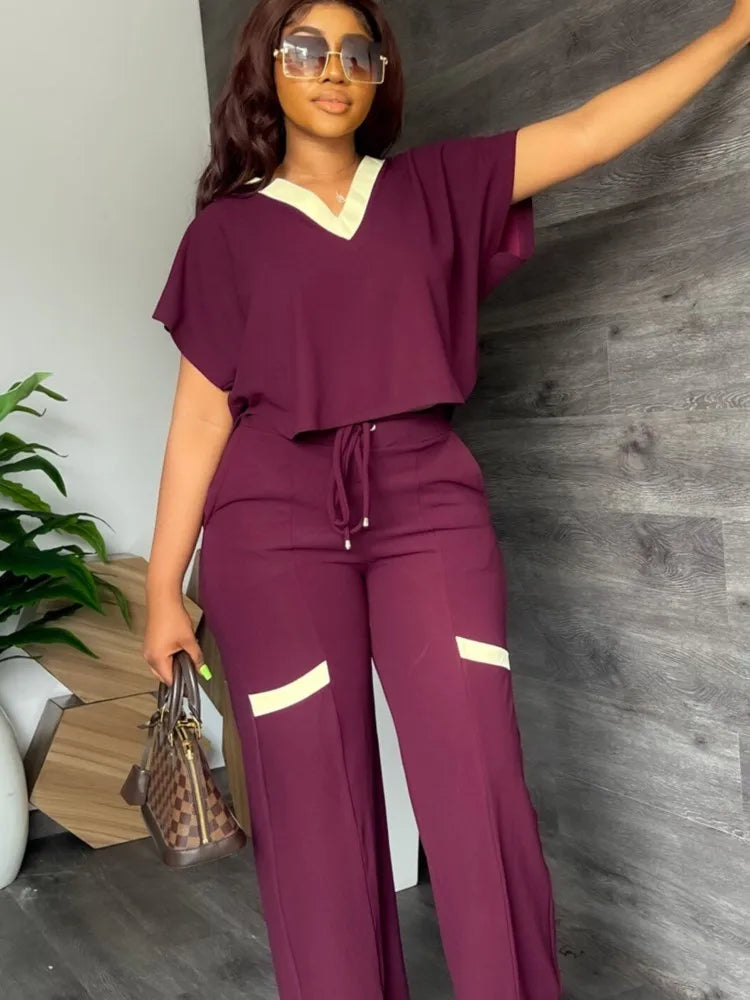 Women's Casual Short Sleeve Top and Straight Pants Set