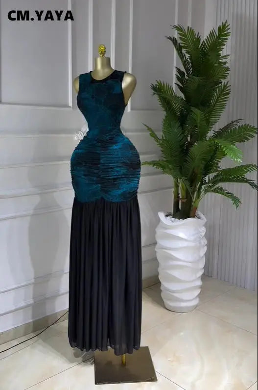 Women's Printed Ruched Sleeveless Maxi Dress