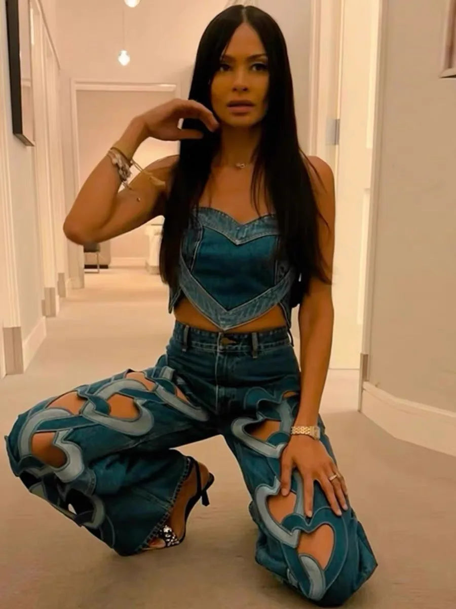 Women's Denim Sleeveless Vest and Hollow-Out Pants Set