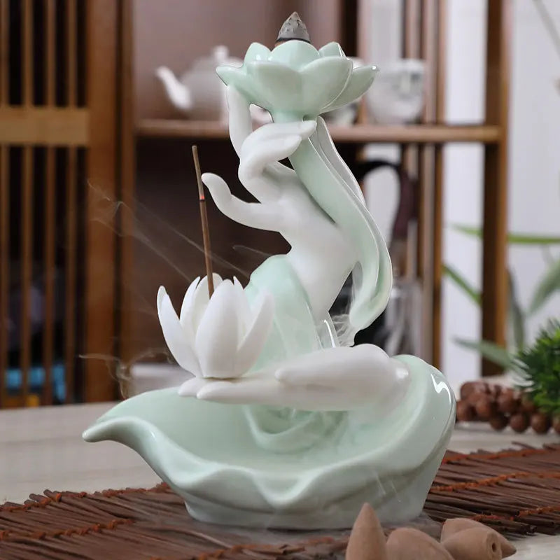 Buddha's Hand Lotus LED Backflow Incense Burner and Tabletop Ornament
