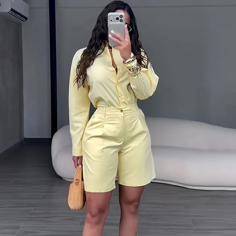 Women's Casual Long Sleeve Shirt and Shorts Two Piece Matching Set