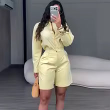Women's Casual Long Sleeve Shirt and Shorts Two Piece Matching Set