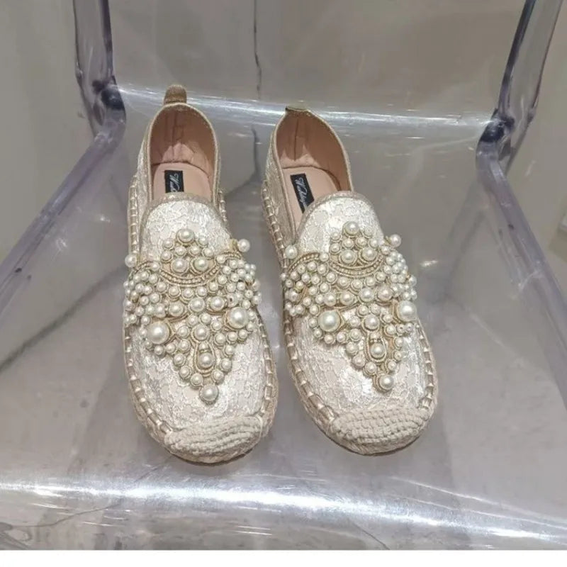 Women's String Bead Half Slippers Pearl Hemp Cotton Fabric Lace Slides