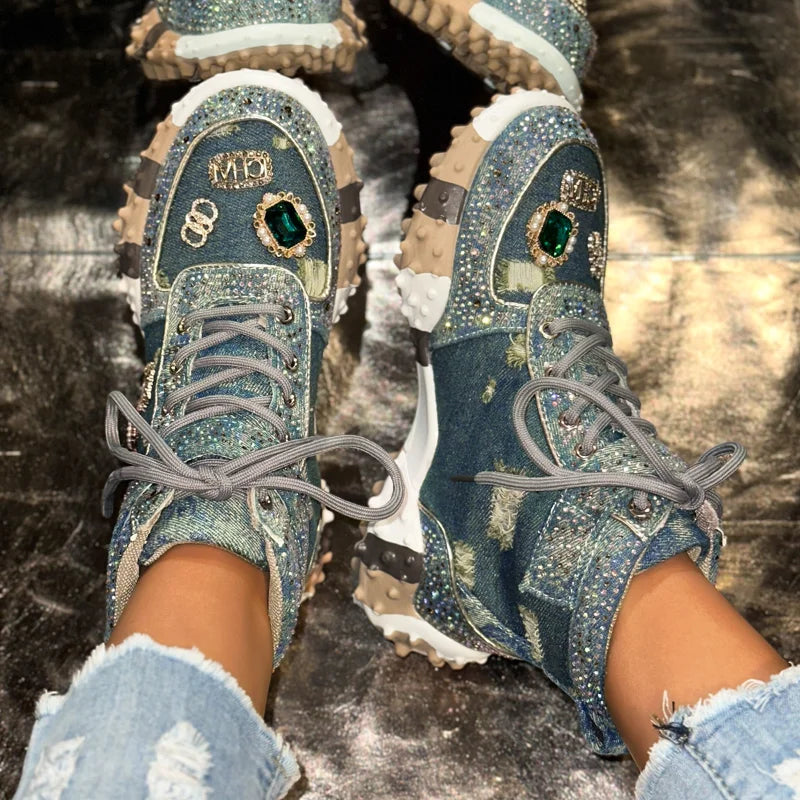 Women's Rhinestone High-Top Sneakers Diamond Lace-Up Casual Boots Thick Bottom