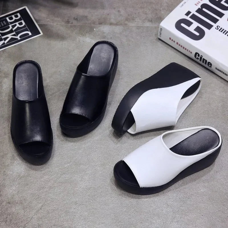 Women's Peep Toe Wedge Sandals Platform Slip On Mules