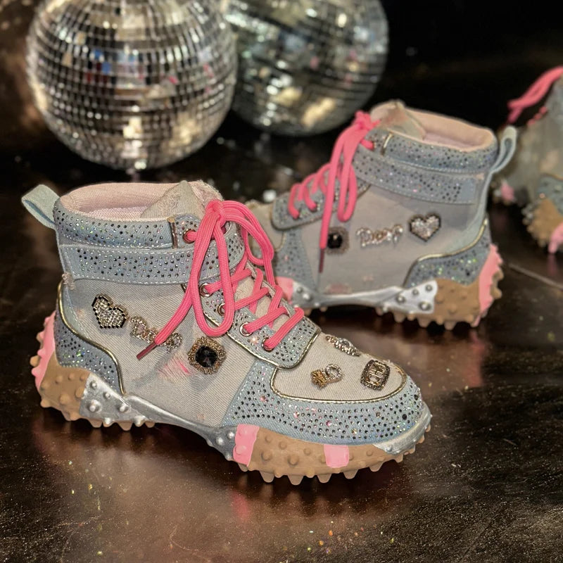 Women's Rhinestone High-Top Sneakers Diamond Lace-Up Casual Boots Thick Bottom