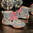 Women's Rhinestone High-Top Sneakers Diamond Lace-Up Casual Boots Thick Bottom