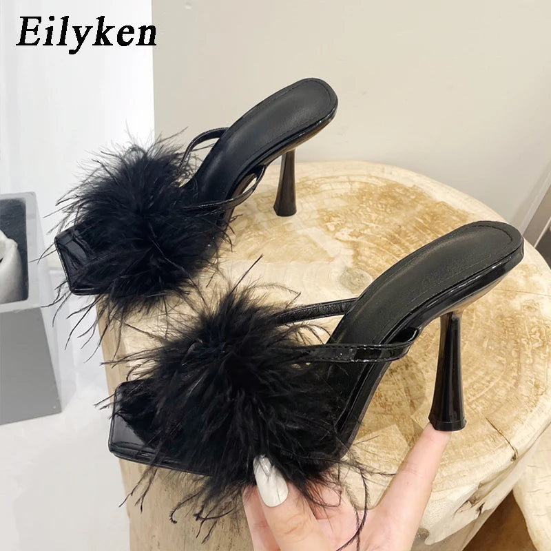 Women's Fluffy Furry Peep Toe Stiletto Mules
