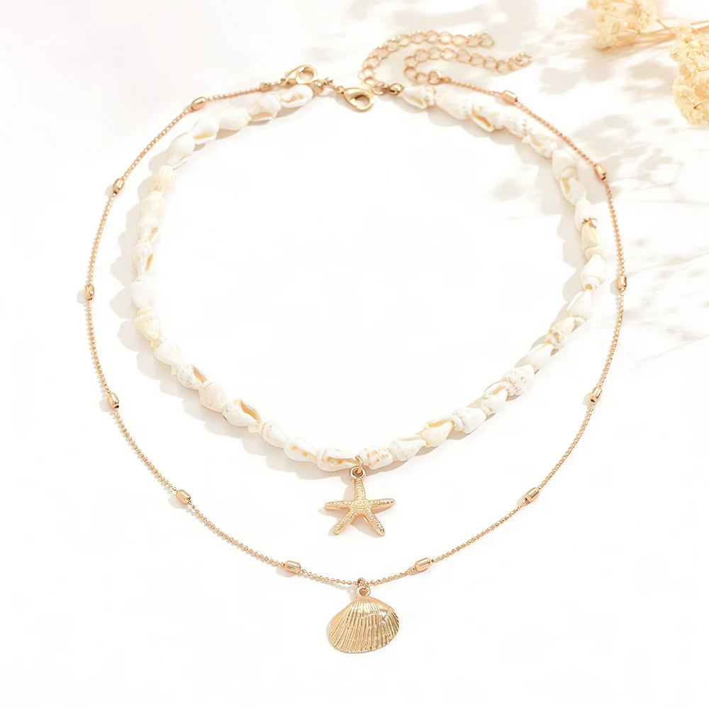 Women's Fashion Bohemian Layered Shell Starfish Pearl Necklace Set