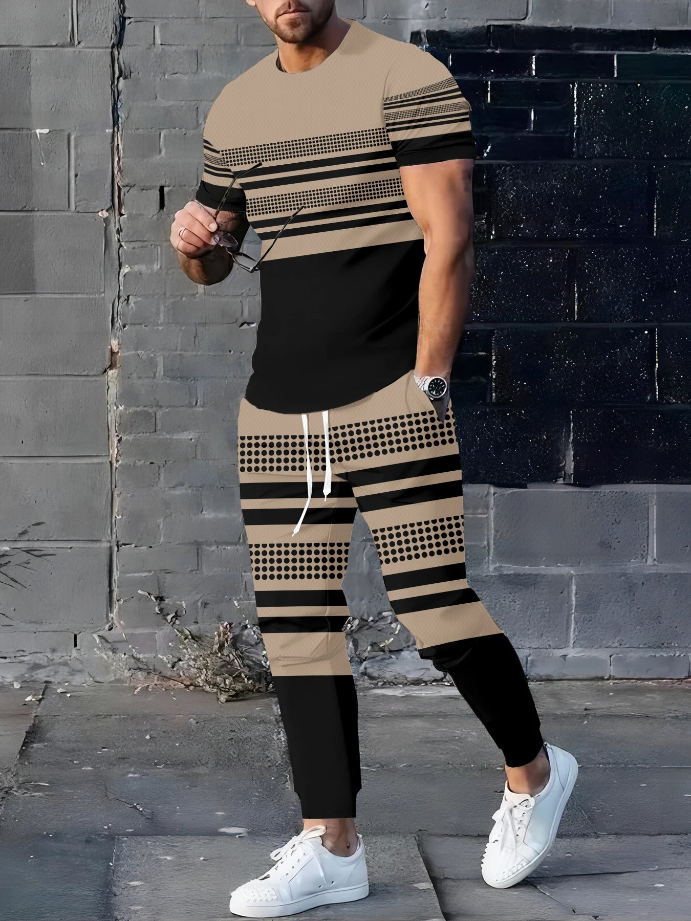 Men's Casual Striped Print Long Sleeve T-Shirt and Drawstring Pants Set