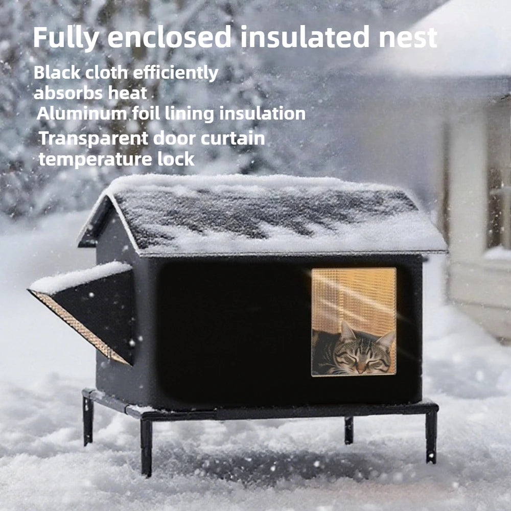 Weatherproof Insulated Outdoor Cat Shelter Elevated Winter House with Escape Door for Stray Cats