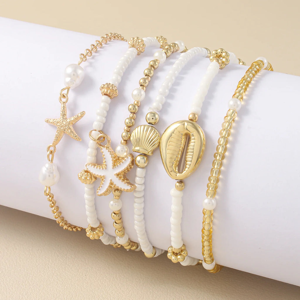 Women's Fashion Bohemian Shell Starfish Stacked Pearl Bead Bracelet Set