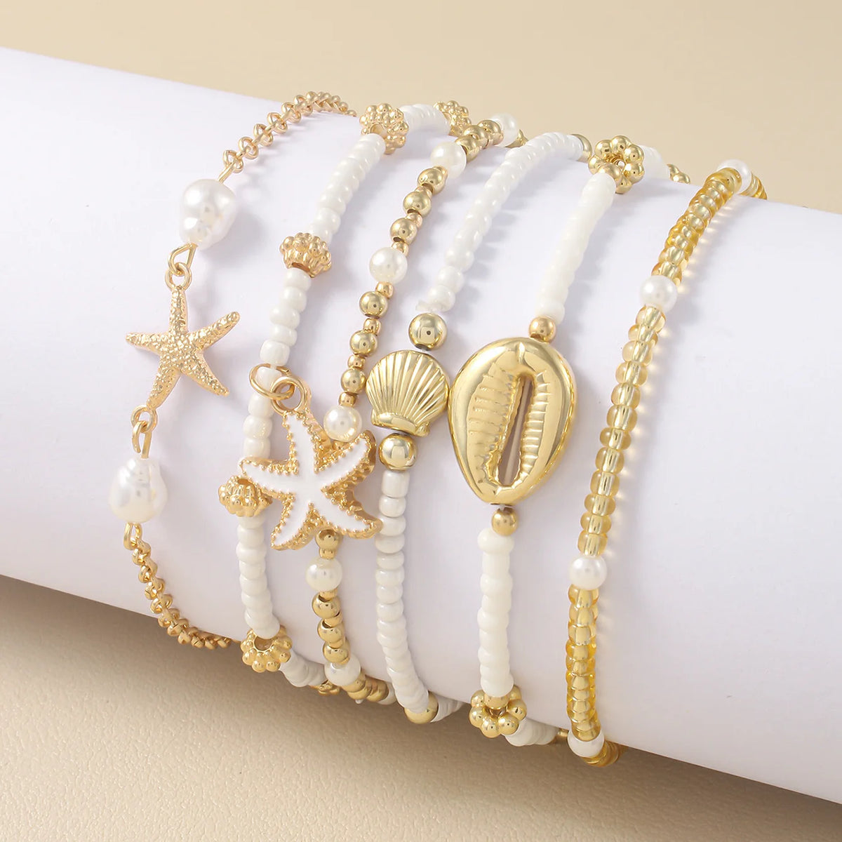 Women's Fashion Bohemian Shell Starfish Stacked Pearl Bead Bracelet Set