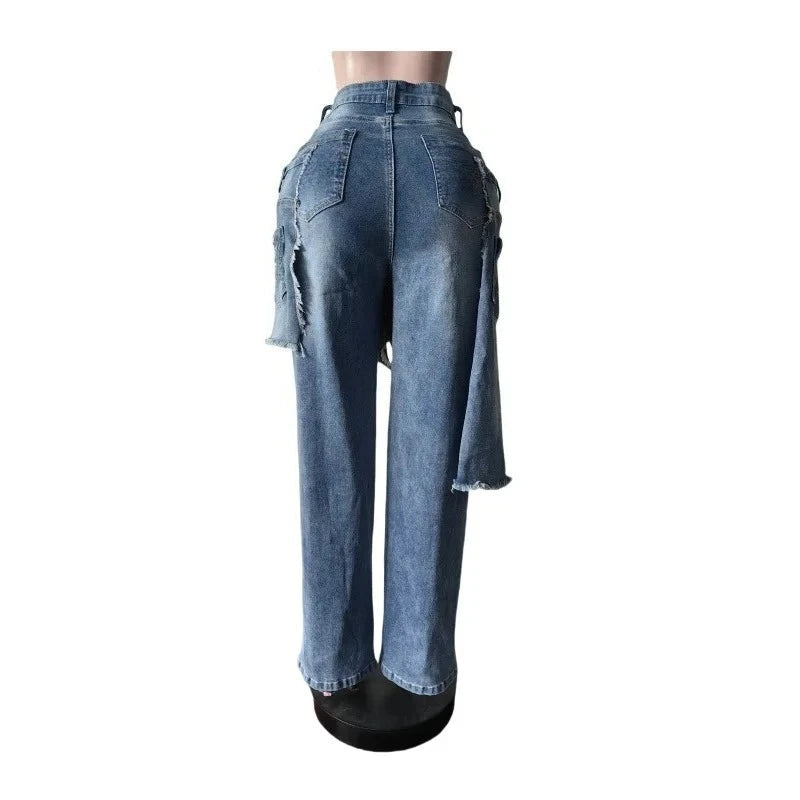 Women's Vintage High Waist Ripped Cutout Denim Jeans Pants