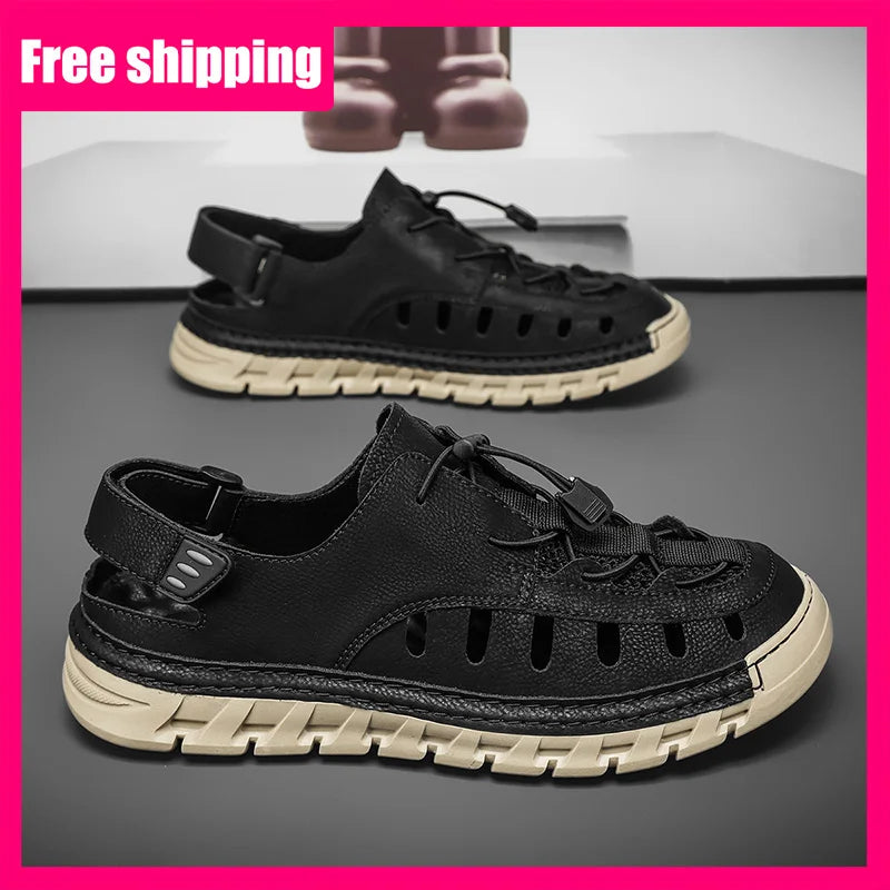 Men's Leather Breathable Outdoor Sandals Lightweight Elastic Strap Summer Beach