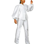 Women's Solid Satin Blouse and Straight Trousers Pants Set