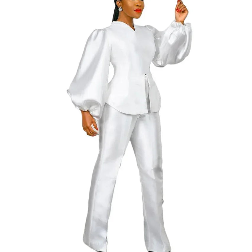 Women's Solid Satin Blouse and Straight Trousers Pants Set