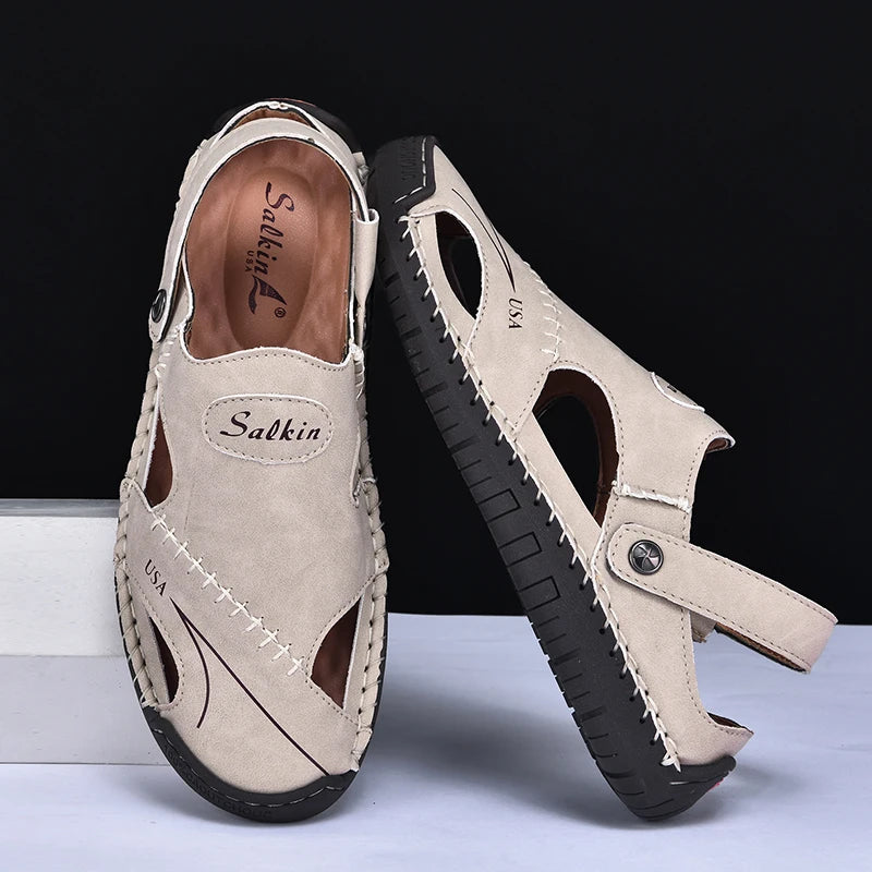 Abfuber Men's Casual Leather Sandals Breathable Hollow Out Shoes