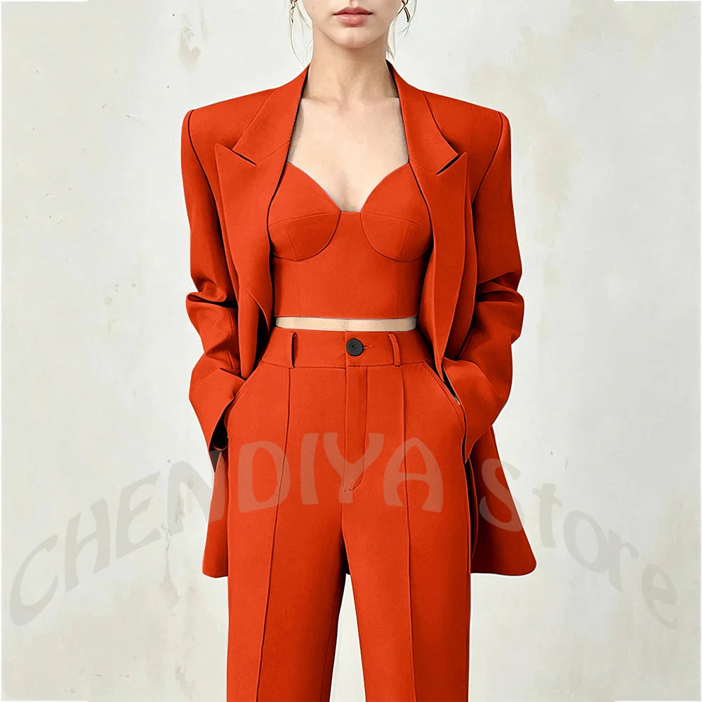 Women's Single Button Tailored Blazer and Pants Suit Set