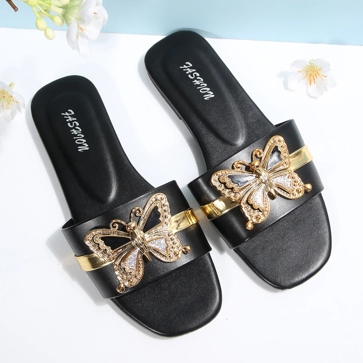 Women's Butterfly Embellished Open Toe Slides Casual Summer Sandals Black