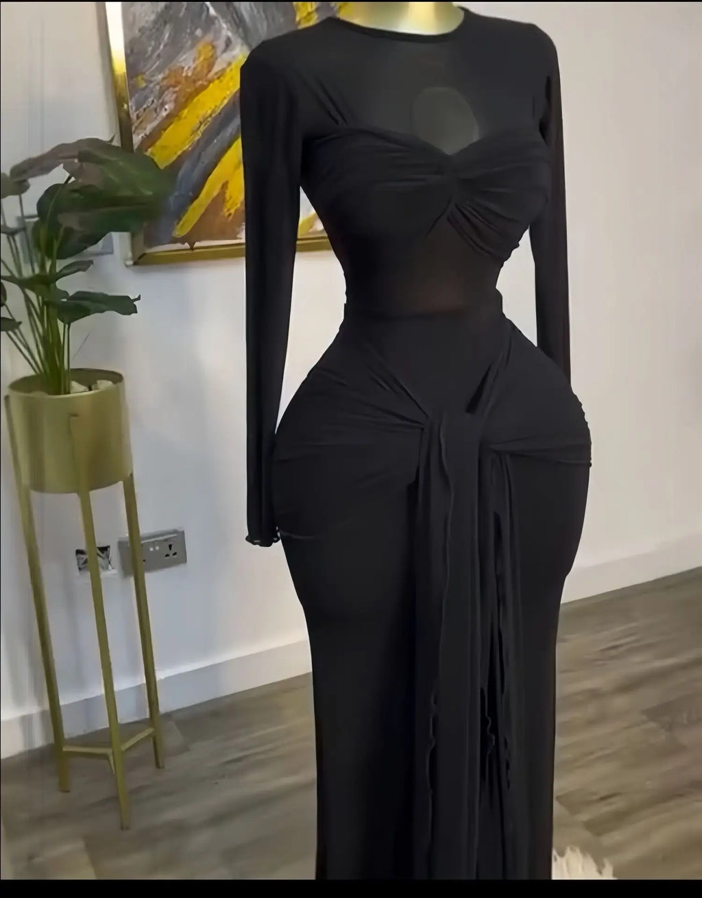 Women's Mesh See-Through Long Sleeve Maxi Dress with Bowknot
