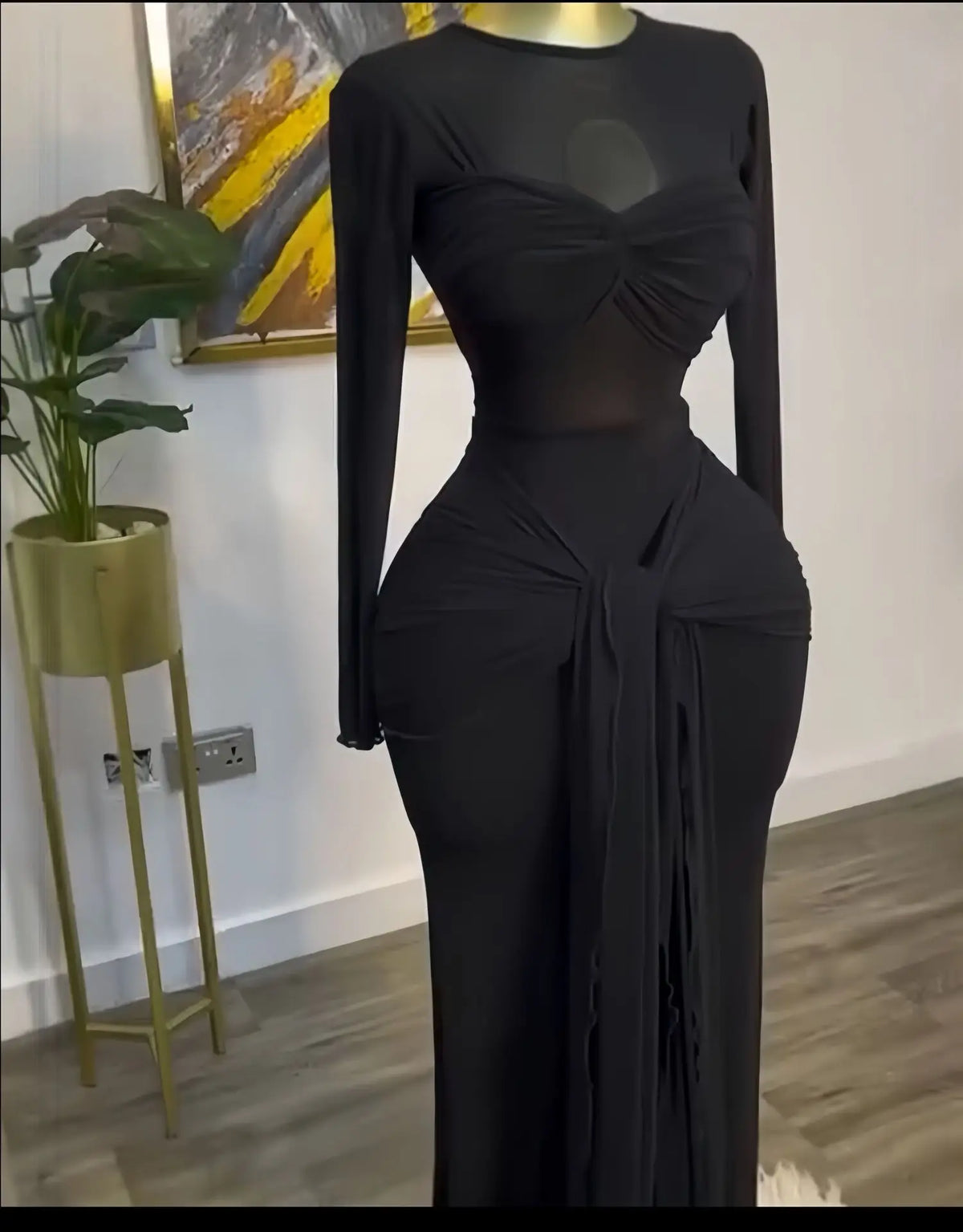 Women's Mesh See-Through Long Sleeve Maxi Dress with Bowknot