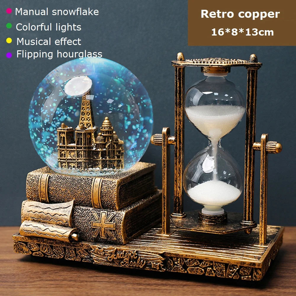 Vintage Luminous Snow Globe and Retro Hourglass Ornament
