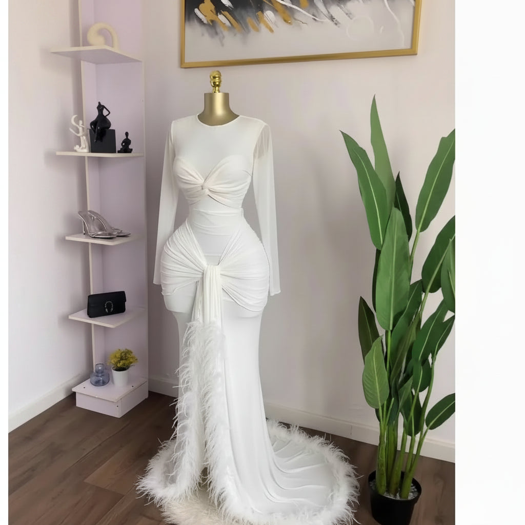 Women's Mesh See-Through Long Sleeve Maxi Dress with Bowknot