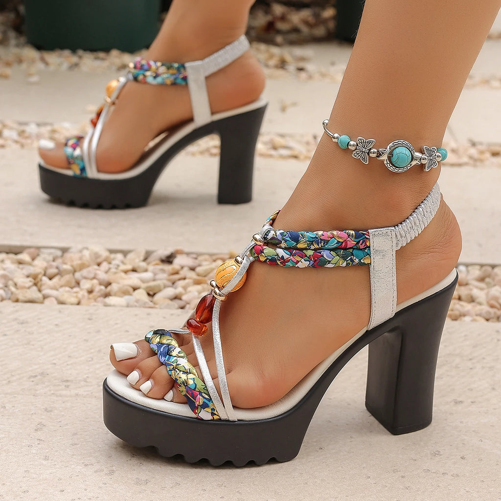 Women's Mid-Heel Platform Wedge Sandals Retro Style Silver