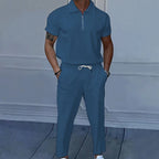 Men's Solid Color Lapel Short Sleeve Zipper Trouser Suit